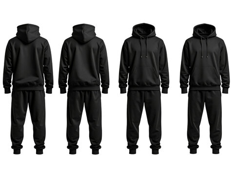 Black hoodie tracksuit front back showcased for fashion, streetwear, or casual clothing presentations, highlighting modern design, comfort, and versatility.