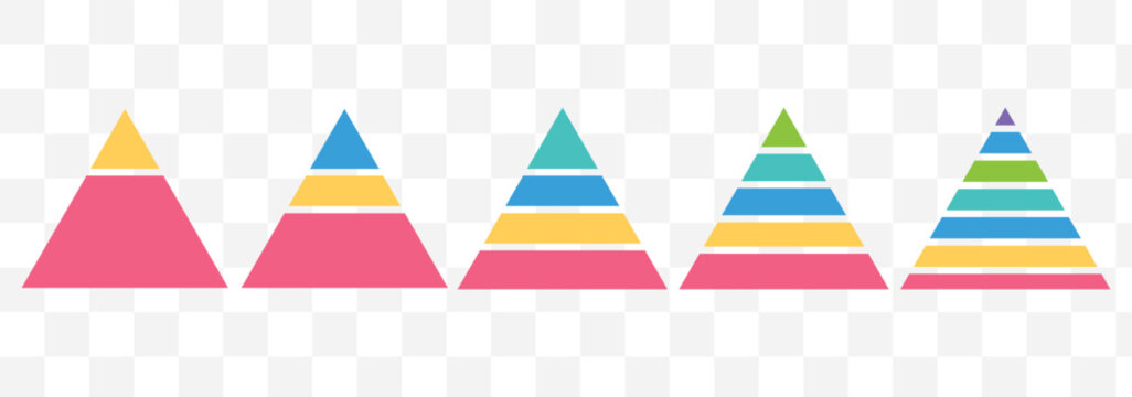 Levels of triangular pyramid. Triangle pyramid chart. Maslow layer diagram. Development level infographic. Business graph. Tree set of pyramid infographic icon.