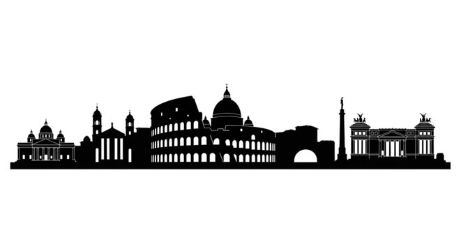 Silhouette of the rome italy skyline featuring the colosseum st peters basilica and vittoriano monument
