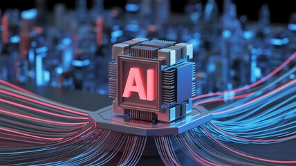 Glowing AI chip powering futuristic digital network with data streams