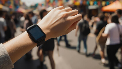 A wrist with a smartwatch displays notifications amidst a blurred outdoor crowd, daytime