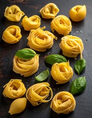 An overhead view of freshly made pasta in various shapes like tortellini and fettuccine, garnished with green basil leaves. The backdrop is a dark, textured surface