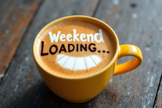 Happy Friday yellow coffee cup with weekend loading latte art