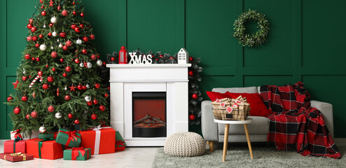Interior of living room with fireplace, Christmas tree and Advent calendar