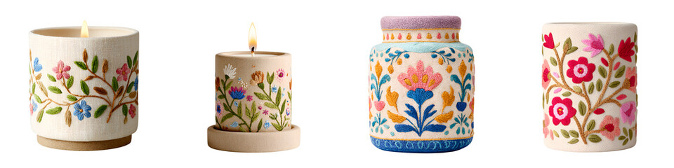 Decorative Candles with Floral Embroidery, Set of Four