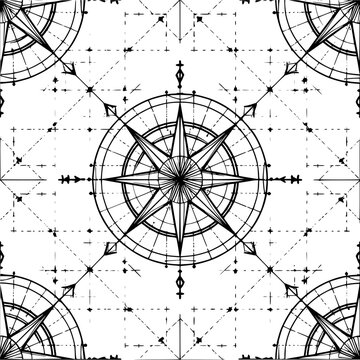 Detailed black and white compass rose pattern with geometric and nautical elements forming a seamless design