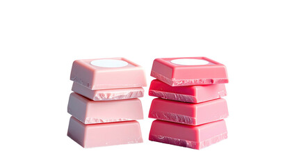 Two stacks of pink square chocolates with white circular tops against a solid black background in sharp focus