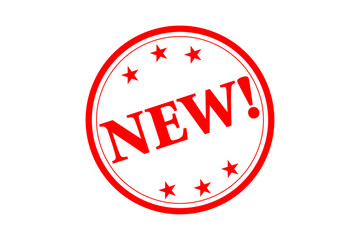 NEW! - NEW! text written on Red Rubber Stamp 
