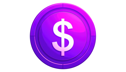 Purple coin with white dollar sign, shining in gradient light on black. Isolated