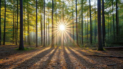 Fototapeta premium Golden sunlight filters through trees, creating serene atmosphere in tranquil forest