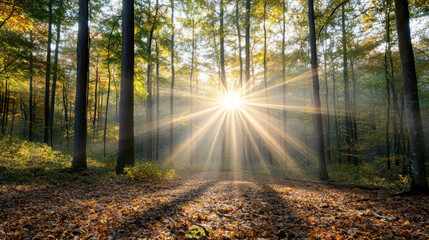Obraz premium Golden sunlight filters through trees in serene forest, creating calm atmosphere