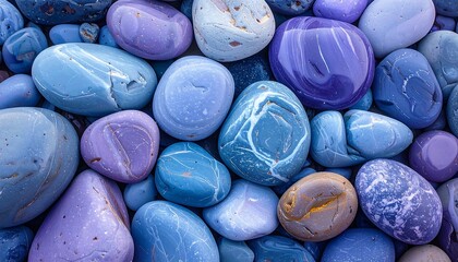 An overhead view showcases a mosaic of smooth, glossy pebbles in varying shades of cool blues and purples, creating a tranquil, tactile composition