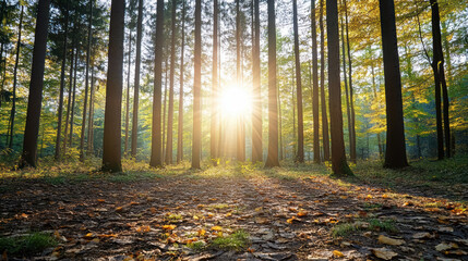 Fototapeta premium Sunlight filtering through trees creates serene atmosphere in forest