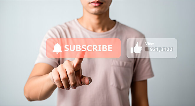 Young Asian man interacting with digital interface, pressing subscribe button with notifications, showcasing modern technology and social media engagement concepts