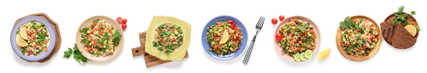 Set of delicious tabbouleh on white background, top view