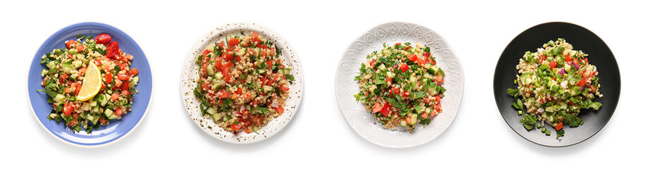 Set of delicious tabbouleh on white background, top view