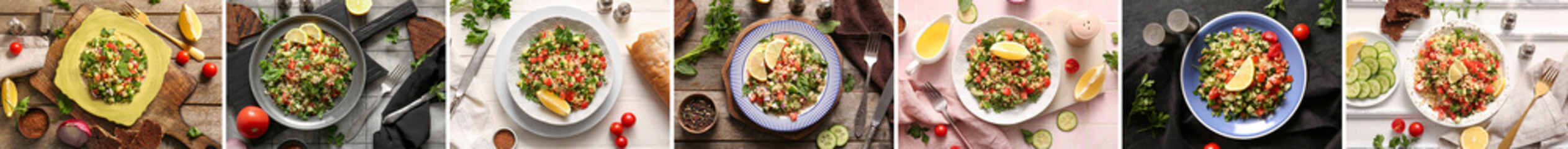 Collage of delicious tabbouleh, top view