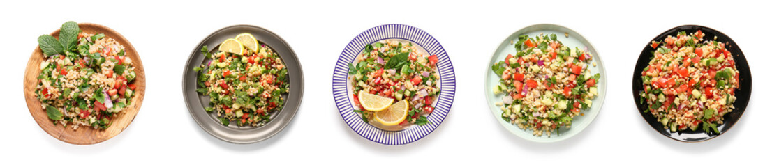 Set of delicious tabbouleh on white background, top view
