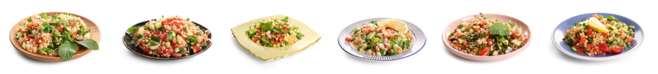 Set of delicious tabbouleh on white background