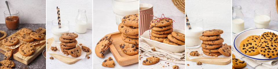 Collage of many sweet cookies with chocolate chips