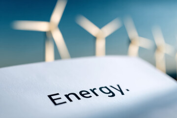 Fototapeta premium The word 'Energy' on a document with wind turbines, symbolizing renewable power, sustainability, and green investment.