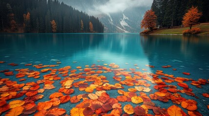 Autumn leaves drift across an alpine lake, reflecting the surrounding forest and distant mountains
