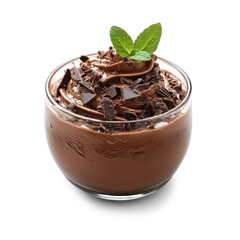 A bowl of chocolate mousse with chocolate shavings and a mint leaf on top.