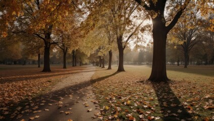 Autumnal park scene with a winding path lined by trees with golden foliage and fallen leaves
