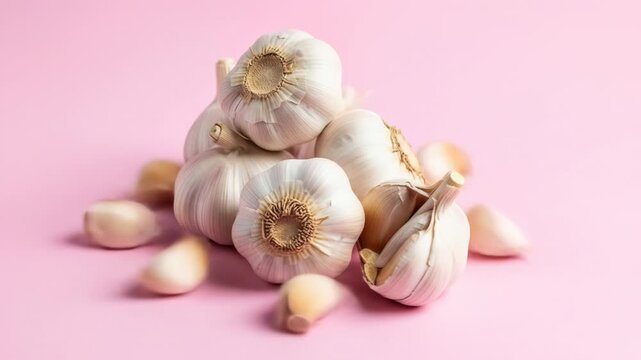 Several garlic bulbs and cloves clustered on a pink surface. Some are in focus