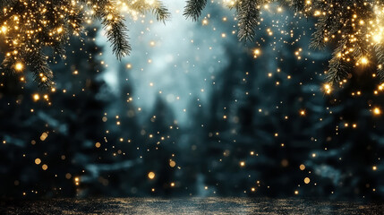 Soft luminous particles drifting through dark forest create magical atmosphere