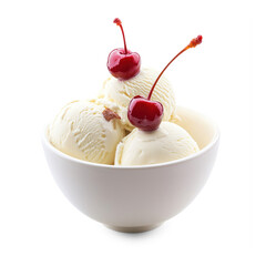 A bowl of vanilla ice cream with cherry toppings.