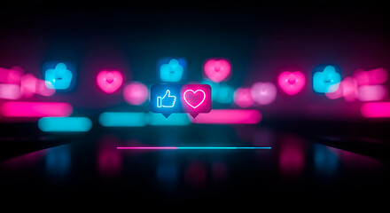 Colorful social media icons with heart and thumbs up symbols glowing in neon lights, creating a vibrant digital atmosphere representing online engagement and interaction