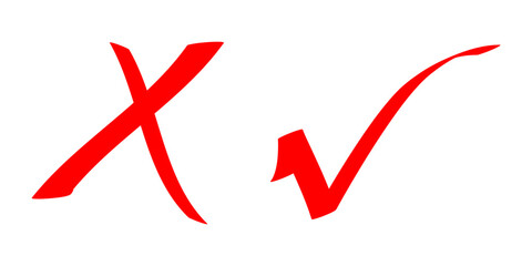 Doodle check mark and cross mark icon set. Tick symbol. checklist signs. vector illustration