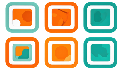 Six rounded square icons with colorful, abstract shapes and outlines, arranged in a grid pattern on a white background