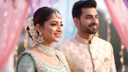 happy indian couple posing together at wedding ceremony - Powered by Adobe