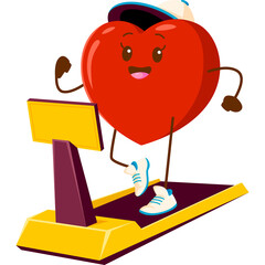 Cartoon Red Heart Character Exercising on Treadmill with Smiling Face and Athletic Shoes