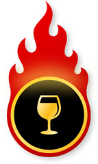 Shiny Gold Wine Glass Icon on Fire for Black Friday Drink and Party Deals