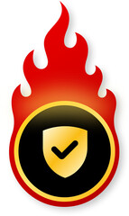 Shiny Gold Security Shield Icon with Flames for Secure Black Friday Shopping