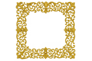 Golden ornate frame border with rococo scrollwork, antique luxury decoration on transparent background