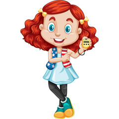 Cartoon redhead girl wearing American flag scarf holding a glucose meter device with transparent background