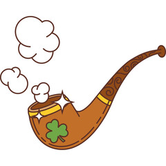 Cartoon retro groovy pipe with clover and swirling smoke on transparent background
