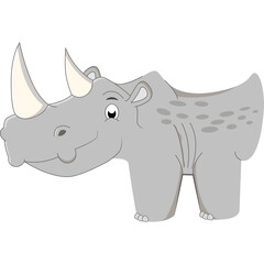 Cartoon Rhino with Two Horns and Grey Skin Standing on Transparent Background Facing Left