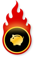 Obraz premium Shiny Gold Piggy Bank Icon on Fire for Black Friday Hot Savings Deals