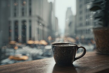 A dark mug of steaming coffee sits on a windowsill, overlooking a city street on a rainy day