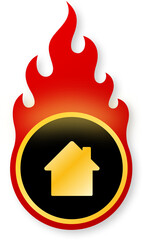 Shiny Gold House Icon with Flames for Black Friday Homepage and Real Estate Sale
