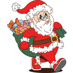 Cartoon Santa Claus Walking with a Sack Full of Colorful Presents and Gift Boxes Underneath His Arm Wearing a Red Suit and Hat With White Fur Trim and a Gold Belt