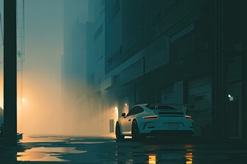 Urban alleyway at night with a sleek sports car