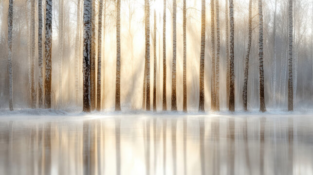 Soft misty forest with tall trees reflecting in calm water, creating serene atmosphere - Powered by Adobe