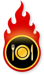 Shiny Gold Plate Icon on Fire for Black Friday Restaurant Food Deals