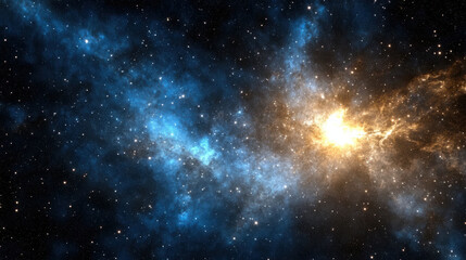 Naklejka premium Bright cosmic explosion in deep space with glowing blue and orange nebula clouds